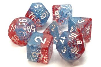 Old School 7 Piece Dice Set Particles Red Fish Blue Fish Pose 1