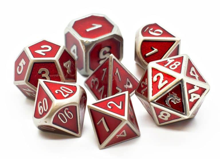 Old School 7 Piece Dice Set Metal Dice Elven Forged Metallic Red Pose 1
