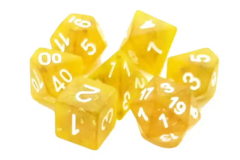 Old School 7 Piece Dice Set Infused Frosted Firefly Yellow w/ White